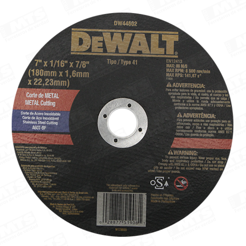 Dewalt Disco Cortar Metal Ac. Inox 7" X 1/16'' X 7/8'' Dw44602