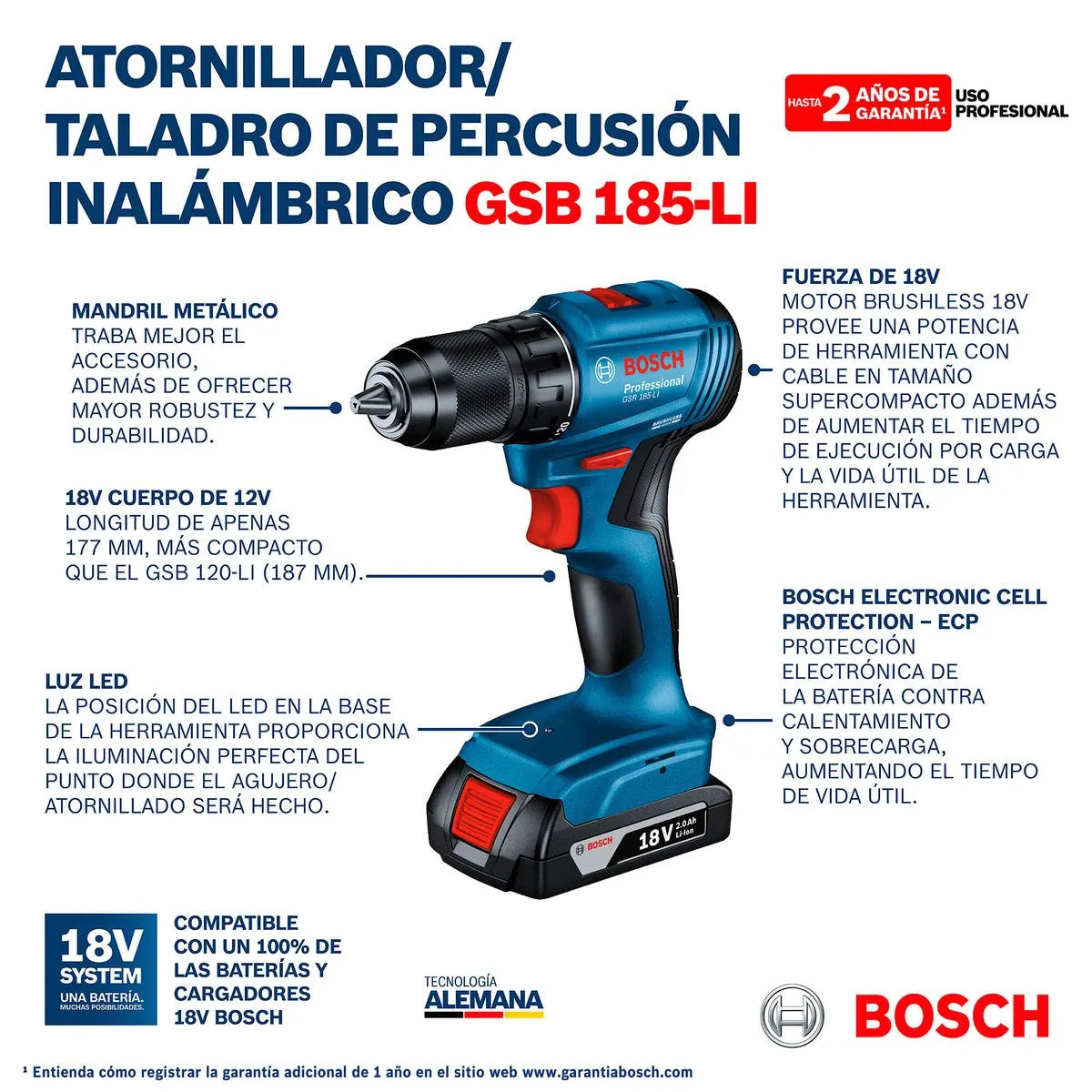 Taladro Percutor Inalambrico Bosch Brushless Gsb 185-li