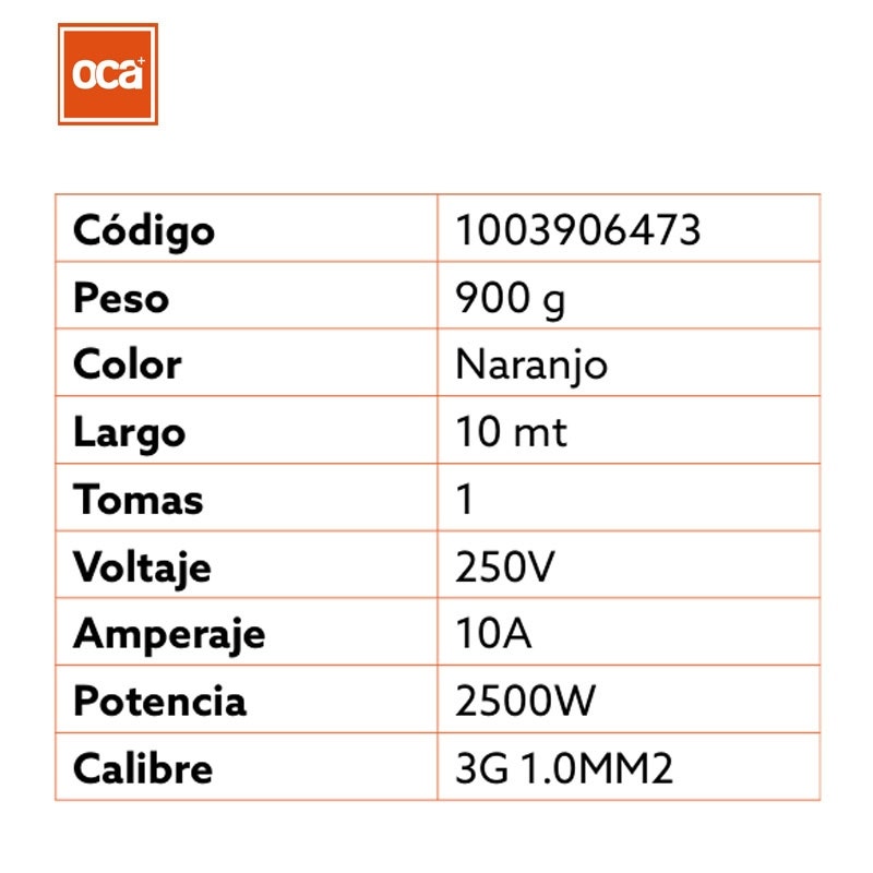 Oca Alargador Electrico Naranjo 10mts Me-1210