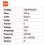 Oca Alargador Zapatilla 6 Puertos 5mts Negro