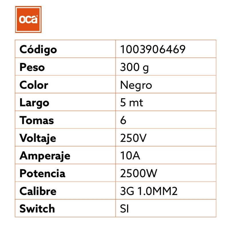 Oca Alargador Zapatilla 6 Puertos 5mts Negro