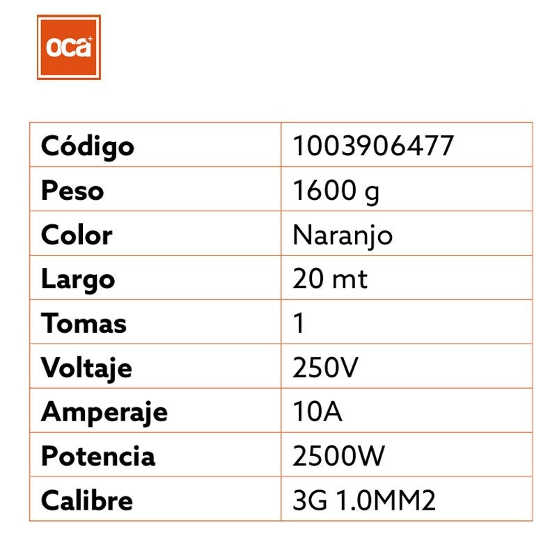 Oca Alargador Electrico Naranjo 20mts Me-1220