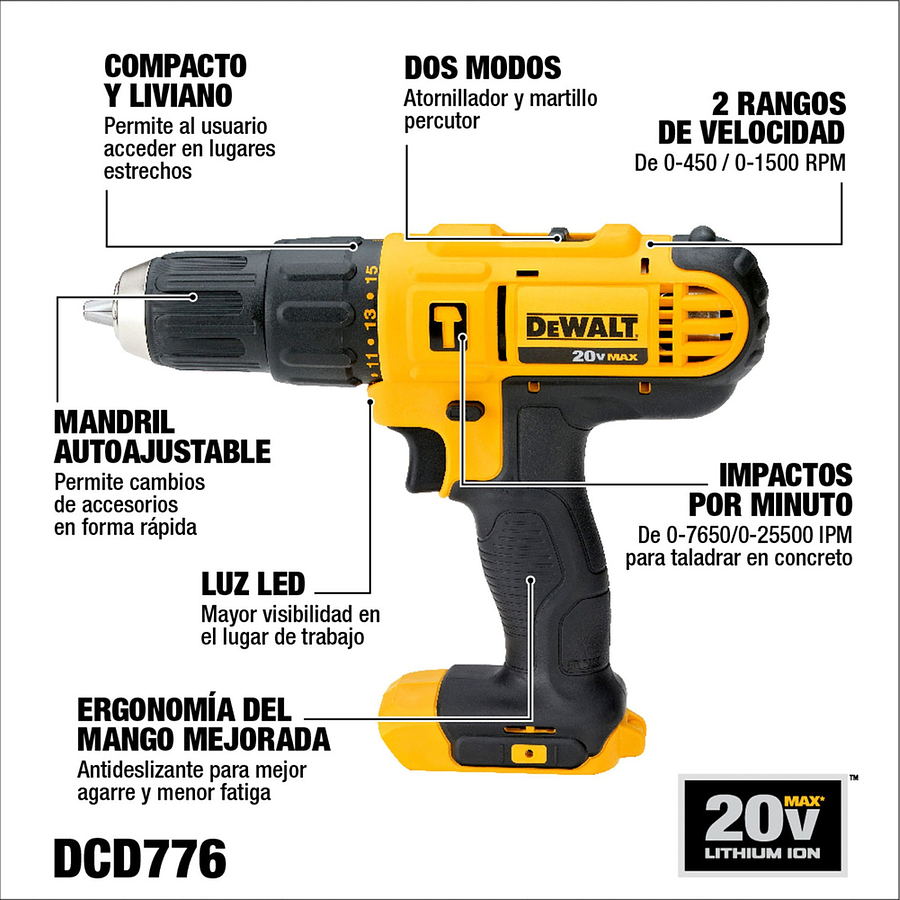 Dewalt Taladro Inalam 20V 1B+Carg Dcd776Lc1-B2C