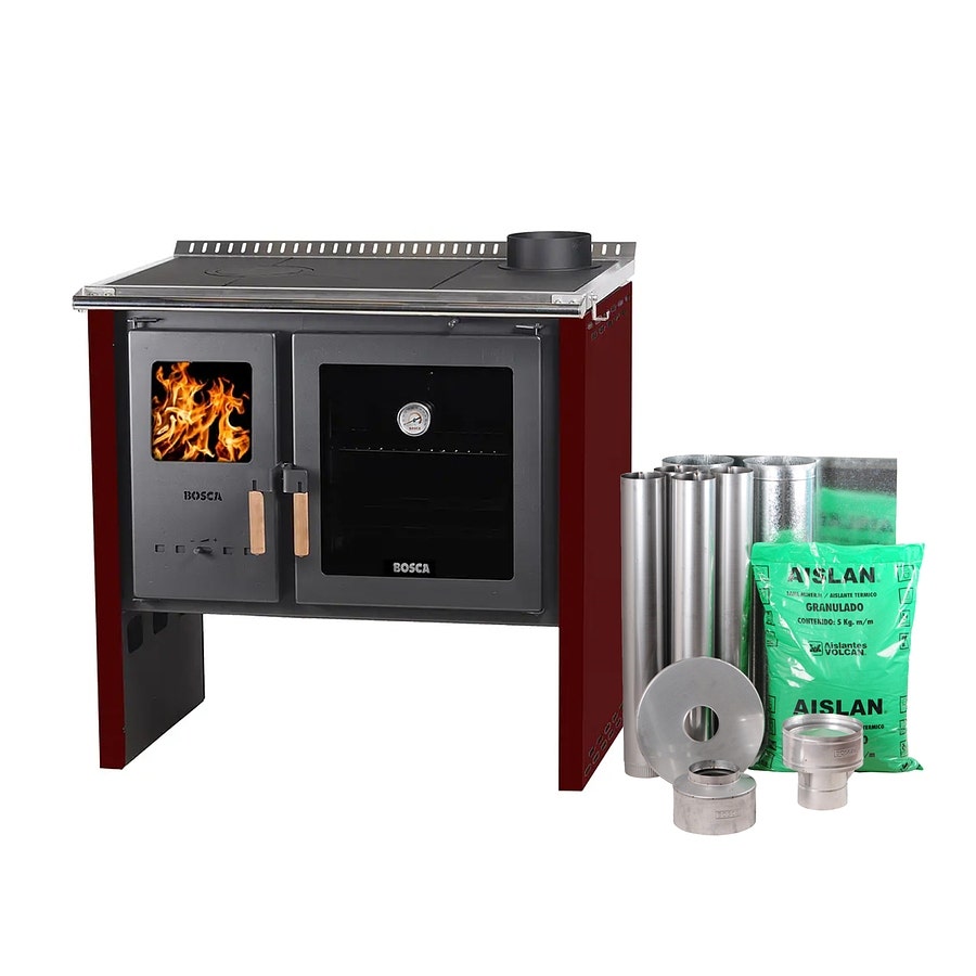 Bosca Pack Cocina Le&ntilde;a Hestia 90 Burdeo + Kit Instalacion