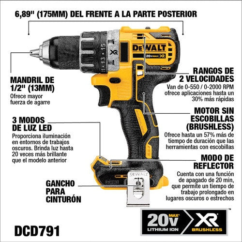 Dewalt  Taladro Rotacion Premium S/C 20V Bar Dcd791B-B3