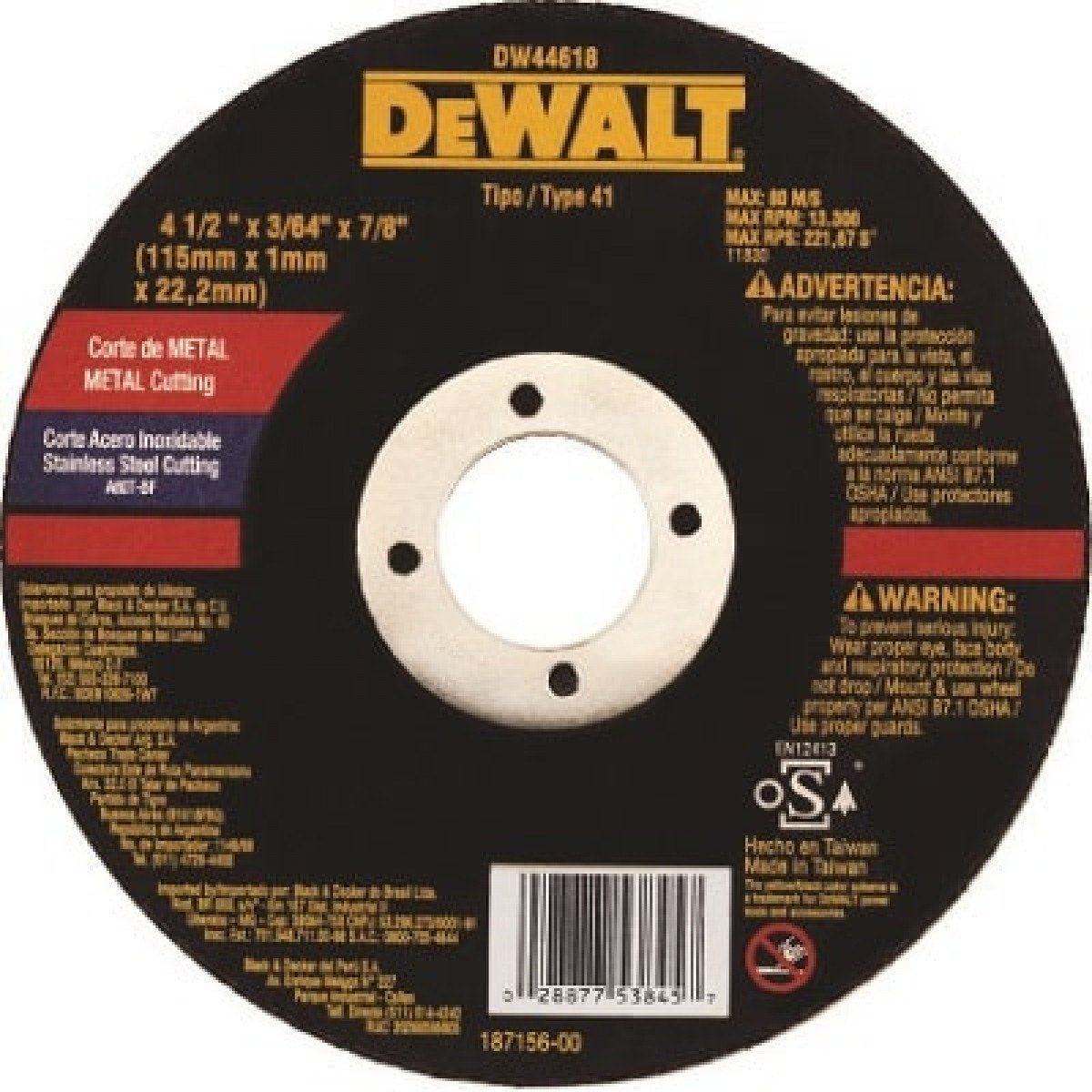 Dewalt Disco Cortar Metal Ac. Inox 4,5"X 3/64'' X 7/8'' Dw44618