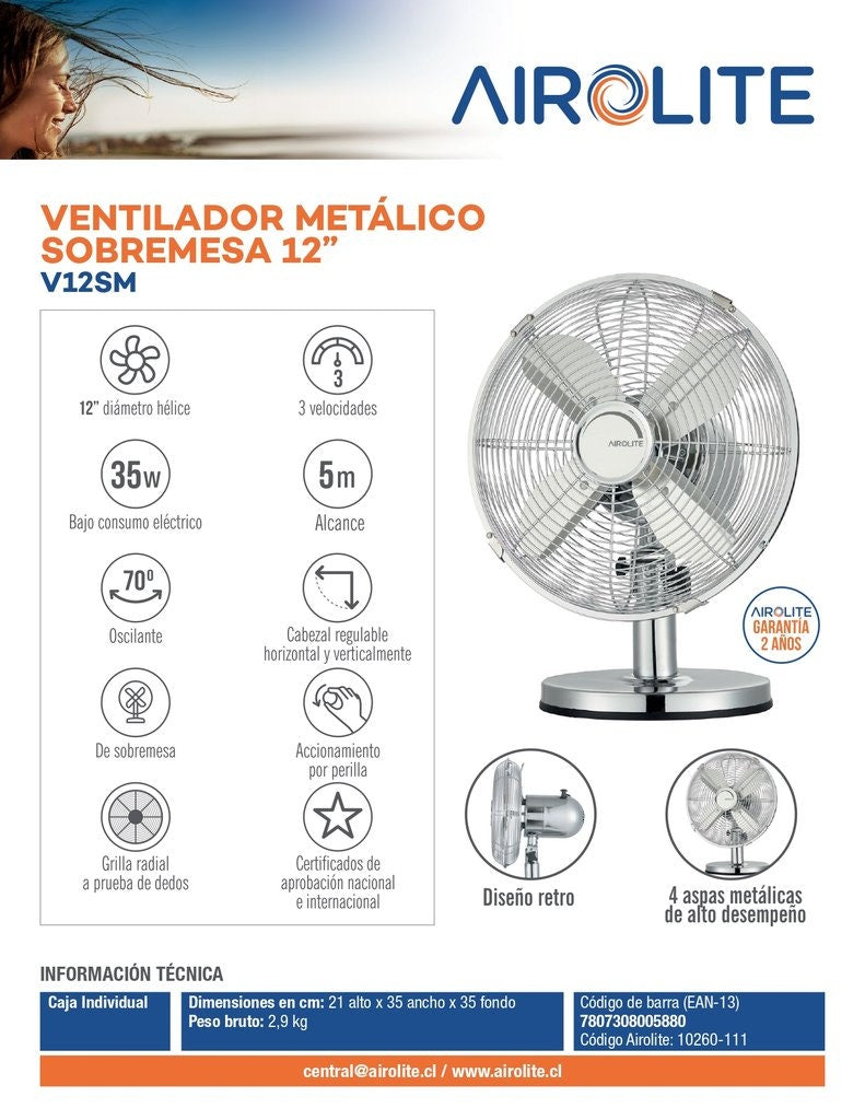 Ventilador Sobremesa Metal 12 " (V12Sm) Airolite