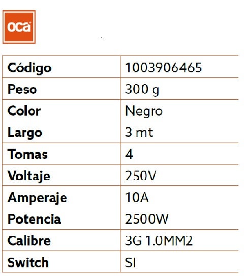 Oca Alargador Zapatilla 4 Puertos 3mts Negro